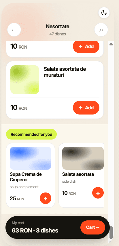 Customer menu with AI recommendations